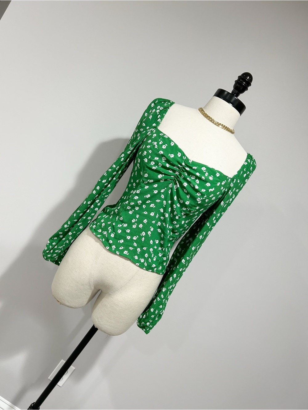 H&M Green White Floral Square-Neck Long Sleeve Top